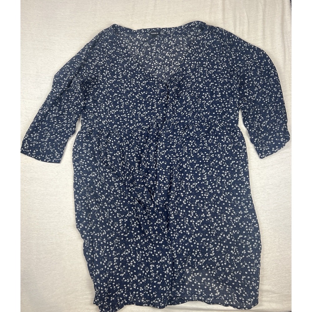 Torrid Women 3X Navy Blue White Floral Button Front Dress 3/4 Sleeve Boho SHEER